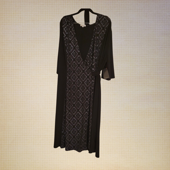 Kiyonna 3X Plus Size Kimono Sleeve Metallic Wrap Maxi Dress Black Gray Geometric - Picture 1 of 10
